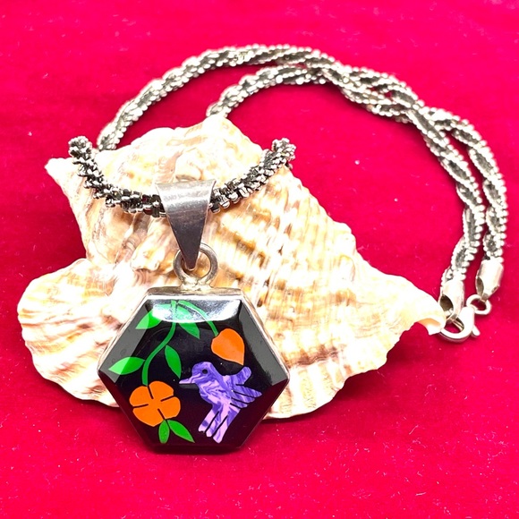 Sterling Mexican Handmade Inlaid Necklace